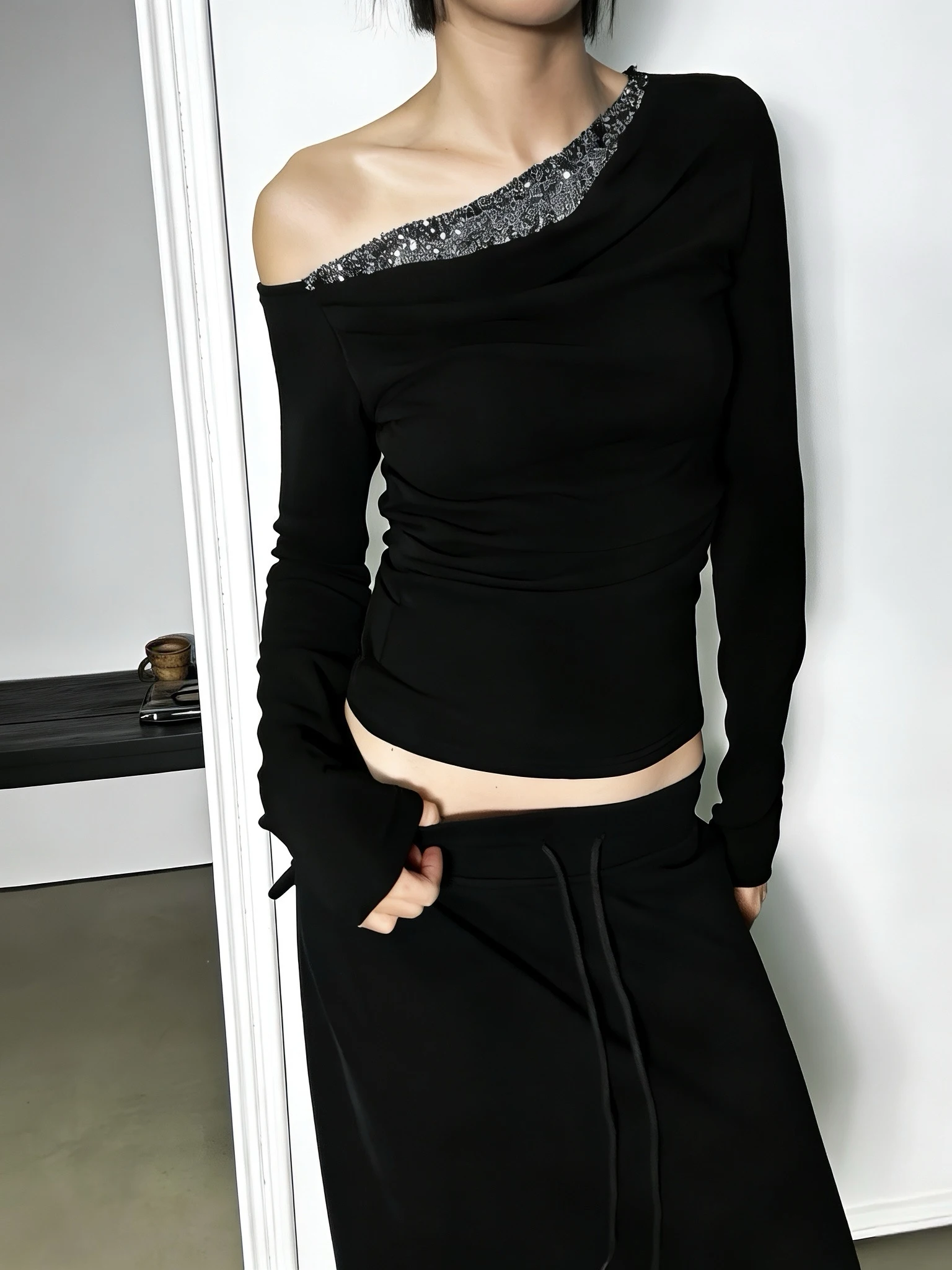 

Slim Fit Fce Lined oulder Bared Splice Design Base irt Women's Ele Sle Long Sve Moisture ng Color