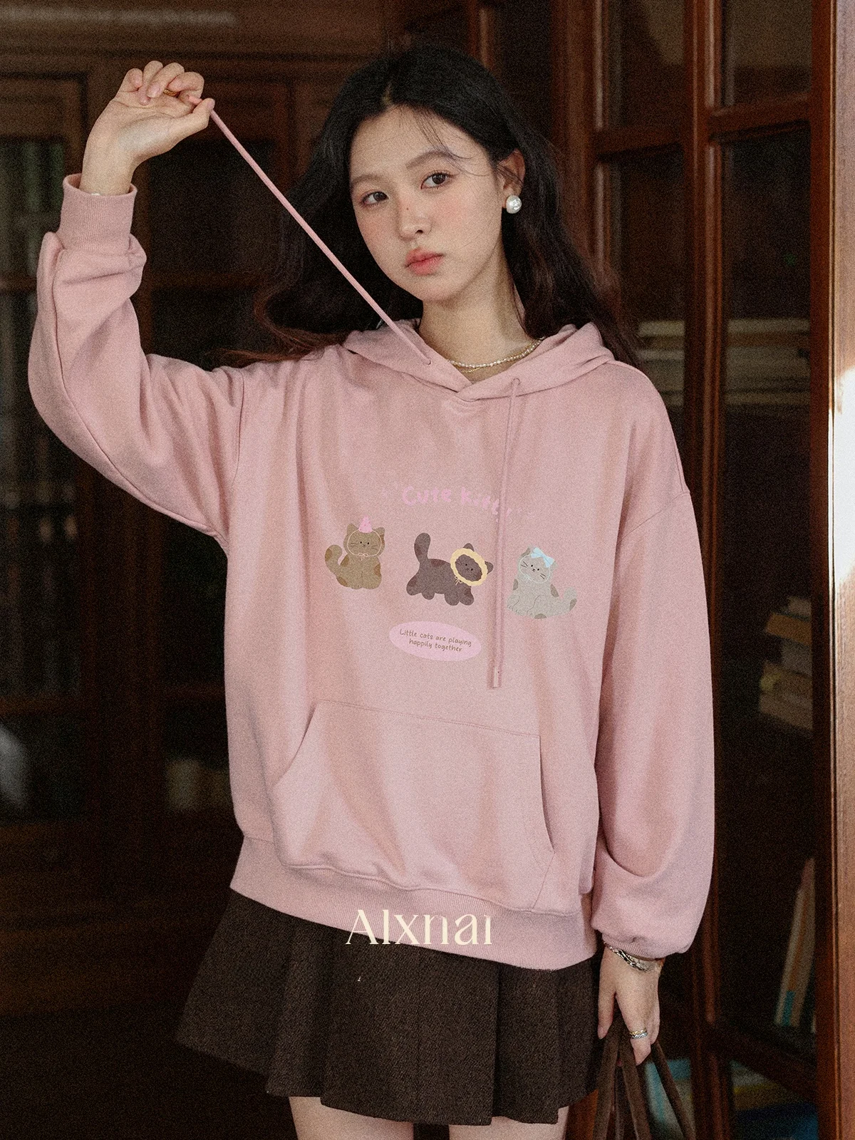 Felpa con cappuccio lunga Sve rosa Cartoon Felpa ampia da donna Autunno New Sle Comodo streetwear