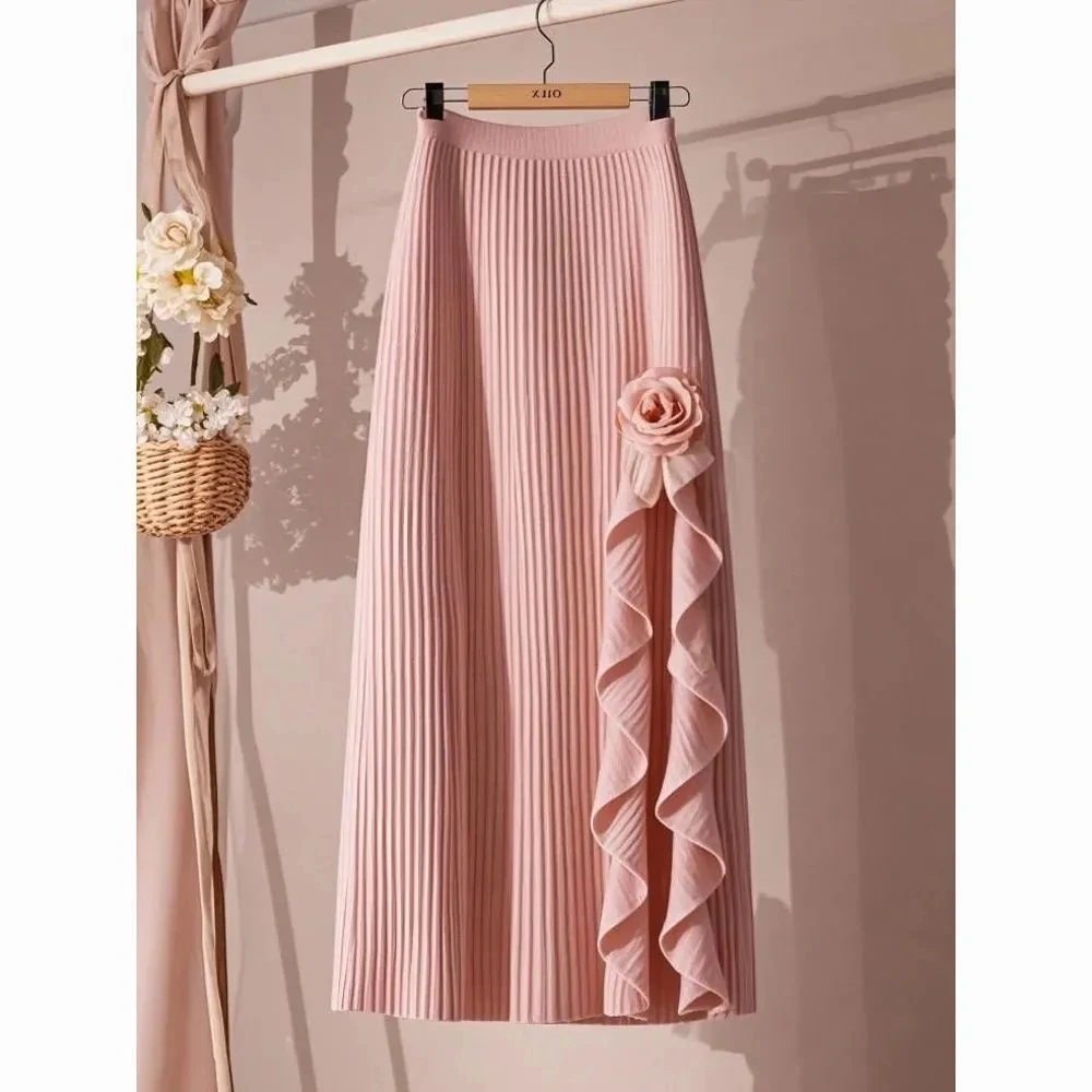 Korean Version Rose irregular A-line Skirt Women 2026 Spring Autumn New High Waisted Half Skirt Womens Mid length Skirt Women