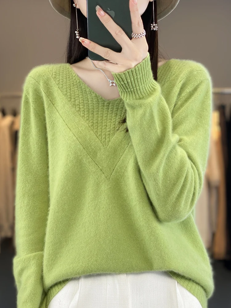 Spring Autumn Sweaters For Women V-neck Pullover 100% Merino Wool Knitwear Comfortable Long Sleeve Cashmere Korean Popular Tops