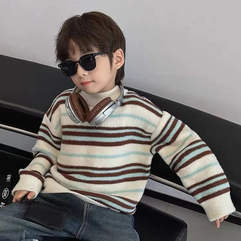 Boys Thickened Striped Knitted Sweater 2026 Winter New Casual Pullover Top Warm Children's Fashion Jumper