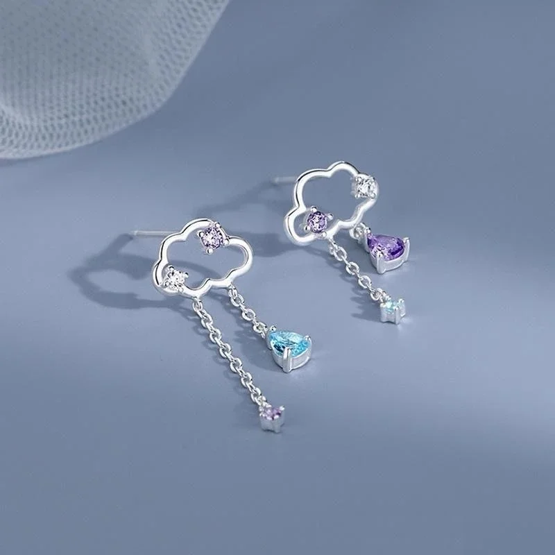 New Hollow Cloud Raindrop Tassel Dangle Earrings Multi Color Purple Blue CZ Drop Ear Studs Women Celestial Weather Theme Jewelry