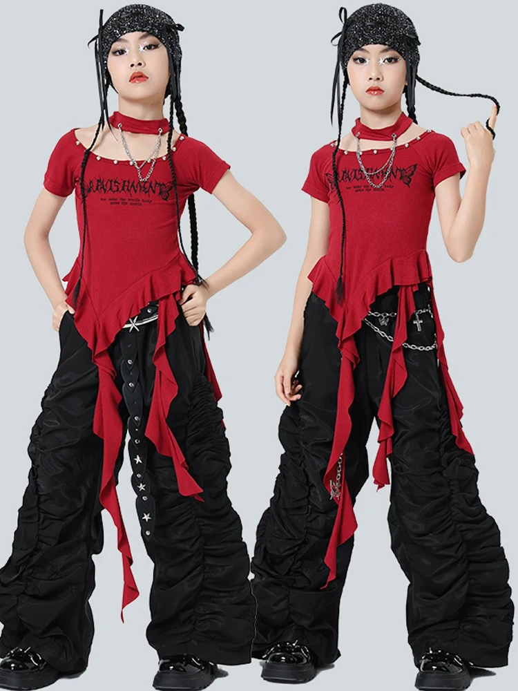 جديد الفتيات مجموعة الجاز الرقص أزياء مسرحية للفتيات بلوزات حمراء السراويل السوداء وتتسابق الهيب هوب الرقص تظهر المرحلة ارتداء DQS19685