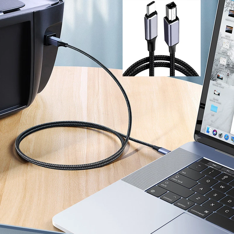 Square Printing Cable Type C to USB 2.0 Braided Extend Cord Data Transmit Laptop Notebook Printer Adapter Wire Converter