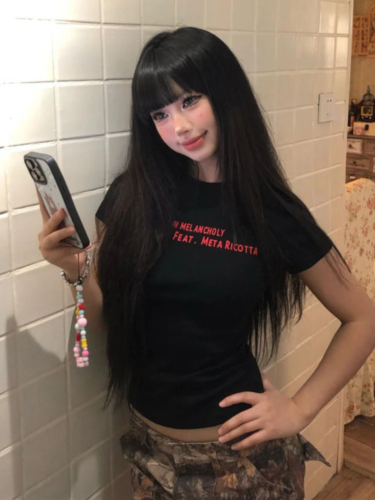 

New Chinese retro simple elegant black printed women's top summer Y2K Harajuku style trendy women's round neck t-shirt