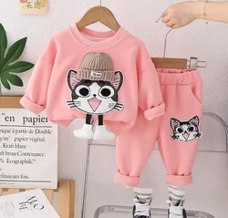 Children Girls Autumn Clothing Suits 1 To 5 Years Cartoon Sports Floret Cat Long Sleeve T-shirts and Pants Kids Jogging Suits