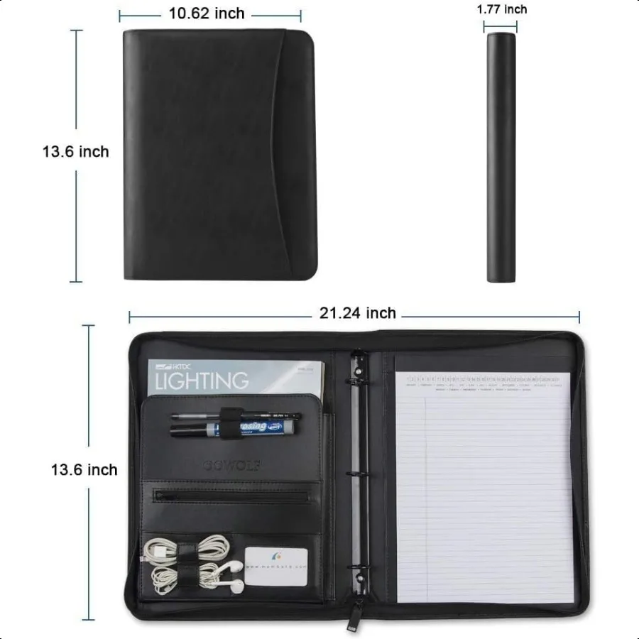 Padfolio Portfolio Folder PU Leather Profional with Round Ring Binder 8.5 x 11 Inch Writing Pad Tablet Sleeve Interview Resume