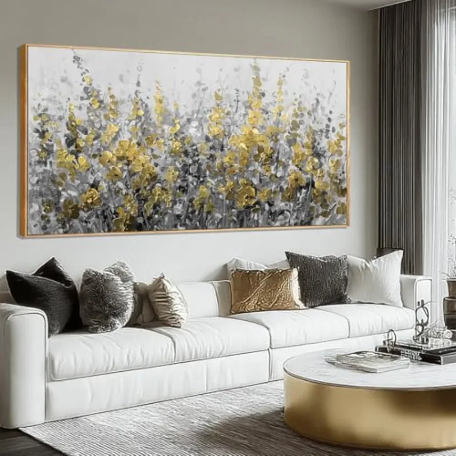 Living room bedroom office decor: gold and grey abstract flower canvas wall art, textured floral painting, 24x48 inch, modern d view 2