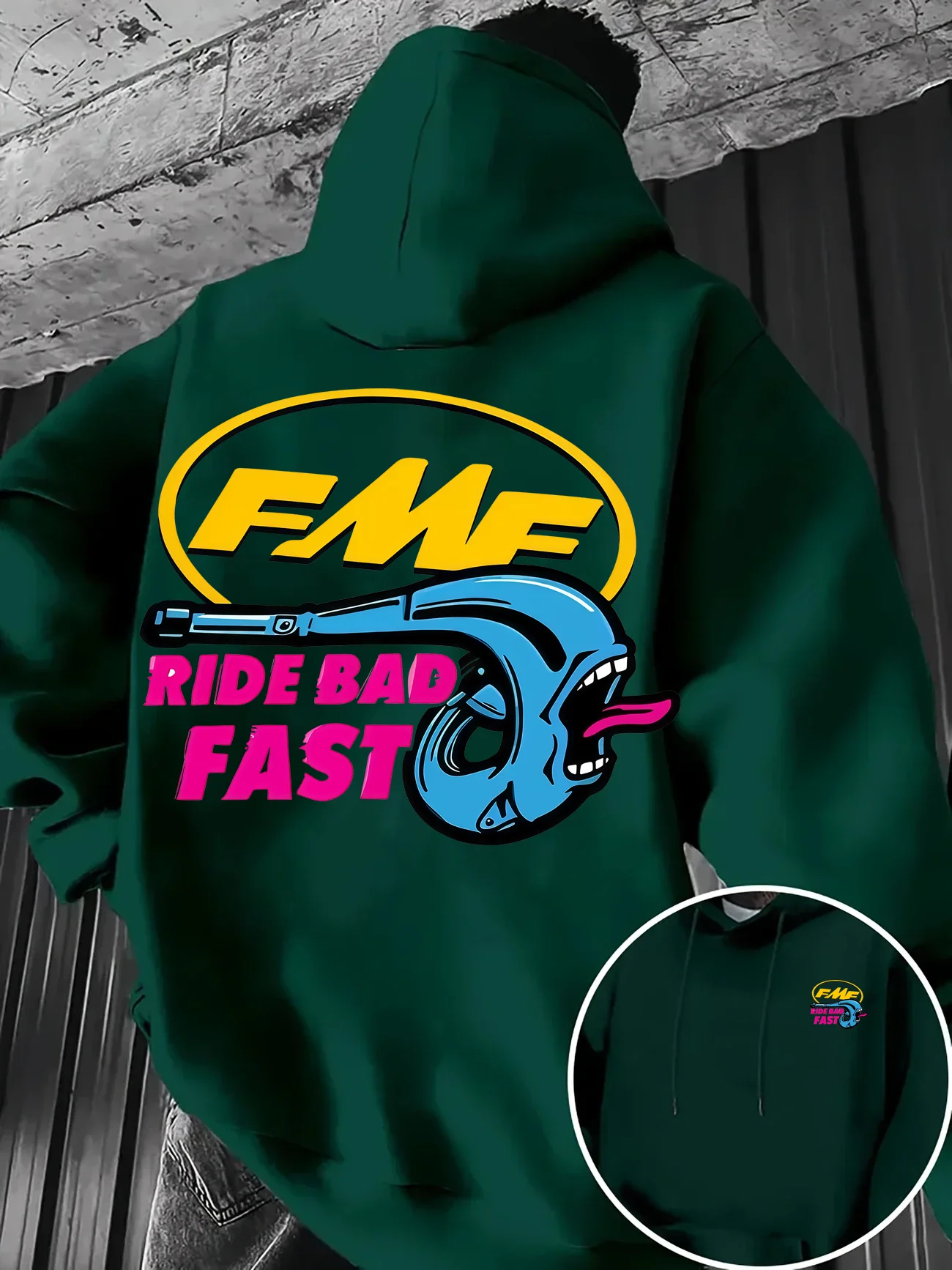 Lässiger Retro FMF Auspuff Logo Ride Bad Fast Grafik-Hoodie für Herren, Offroad-Motocross-Print Fleece-Pullover, Street-Kapuzen-Sweatshirt – Detail 6