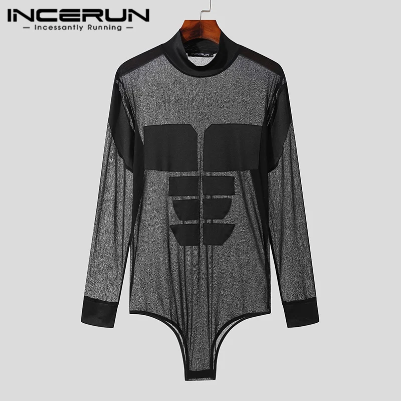 Sexy Style Mens Jumpsuits INCERUN Fashion Mesh Patchwork Patch Jumpsuits Casual Hot Selling Male Thin Long Sleeved Rompers S-5XL