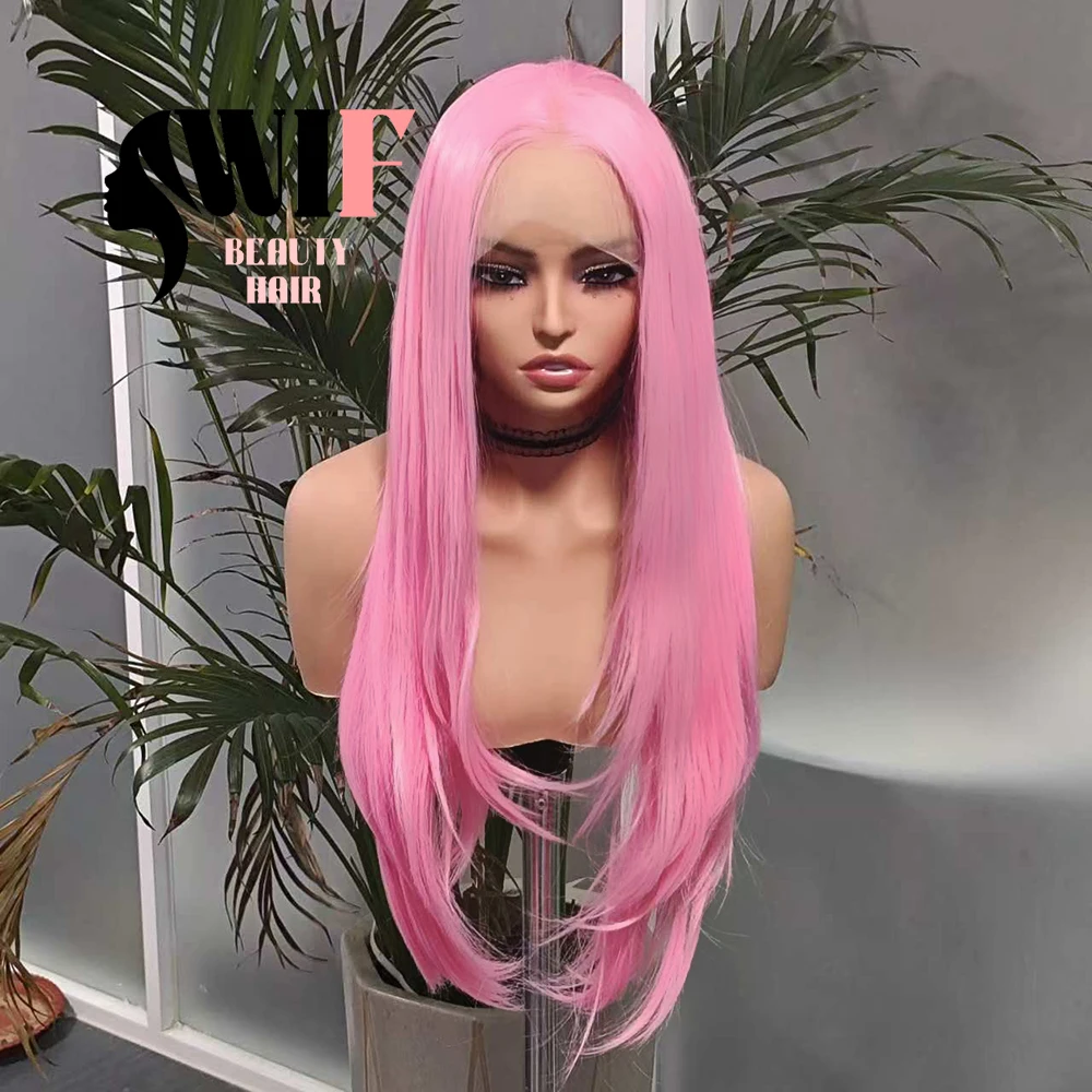 WIF Pink Layered Hair Lace Wig for Women Makeup Wear Middle Part Natural Straight Layered Haircut Synthetic Lace Front Wigs