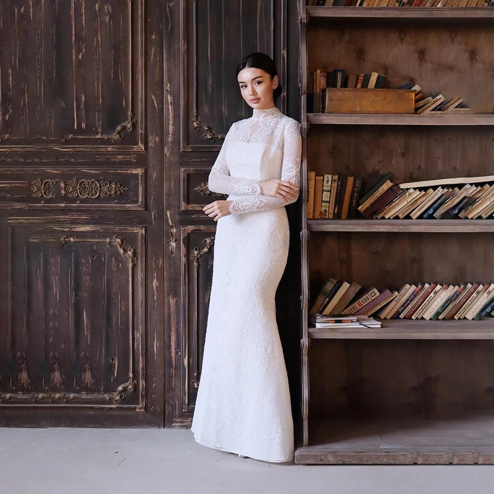 

Long Sleeve Wedding Dresses High Collar Lace Bride Dress Mermaid Luxury for Women Beach Bridal Gown Customized vestidos de novia