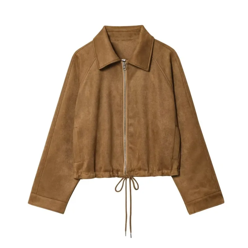 

Women Suede Short Jacket with Tie Autumn Fashion Lapel Pockets Zipper Long Sleeve Women's Short Jacket Causal Female Chic Jacket