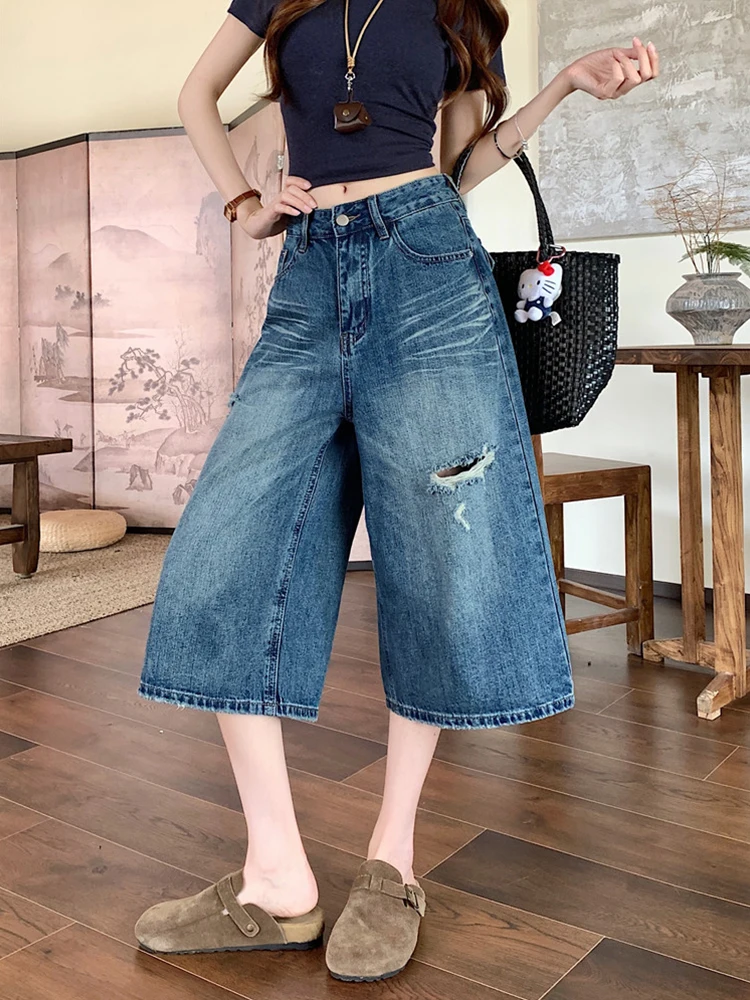 

American Style Vintage Hole Seven-Five Denim Pants Women Summer High Waist Loose Straight Leg Wide Leg Pants Casual Wash
