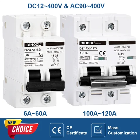 DIHOOL DC AC Interruttore automatico 400V 100A 125A MCB 400V 15A 30A 40A 60A DZ47X Interruttore magnetico termico per batteria del pannello solare