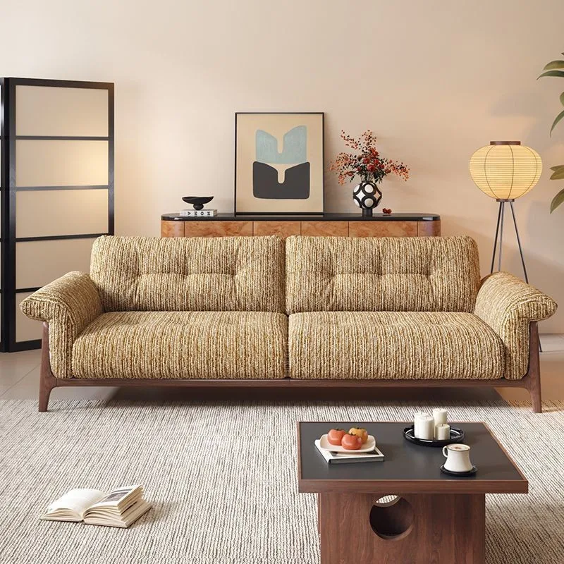 Fully removable and washable medieval sub-cotton and linen striped solid wood retro Yunye fabric sofa