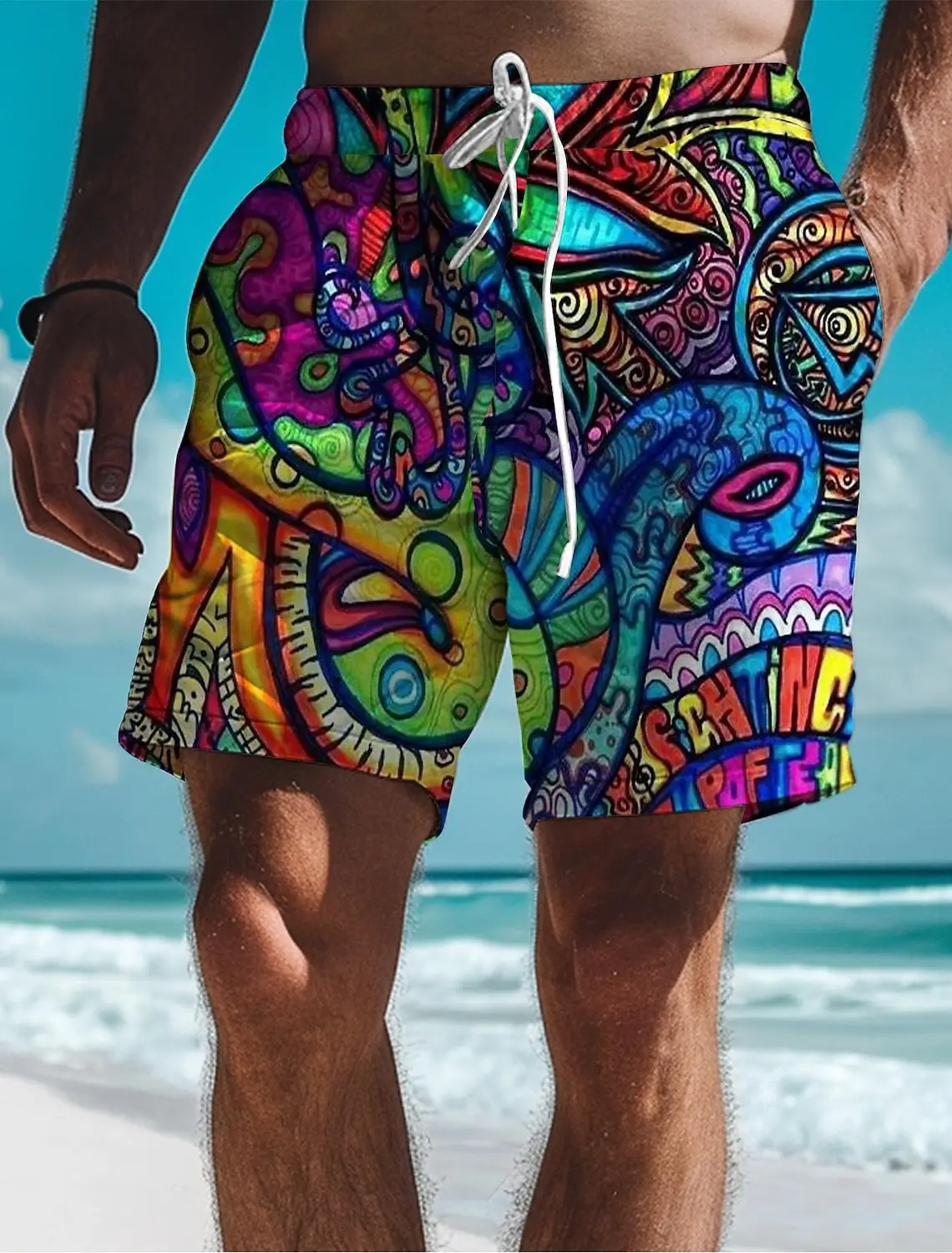 Pantalones cortos con estampado 3D de Graffiti para hombre, bañadores de moda, cintura elástica, cordón, Estilo Hawaiano, vacaciones, Playa