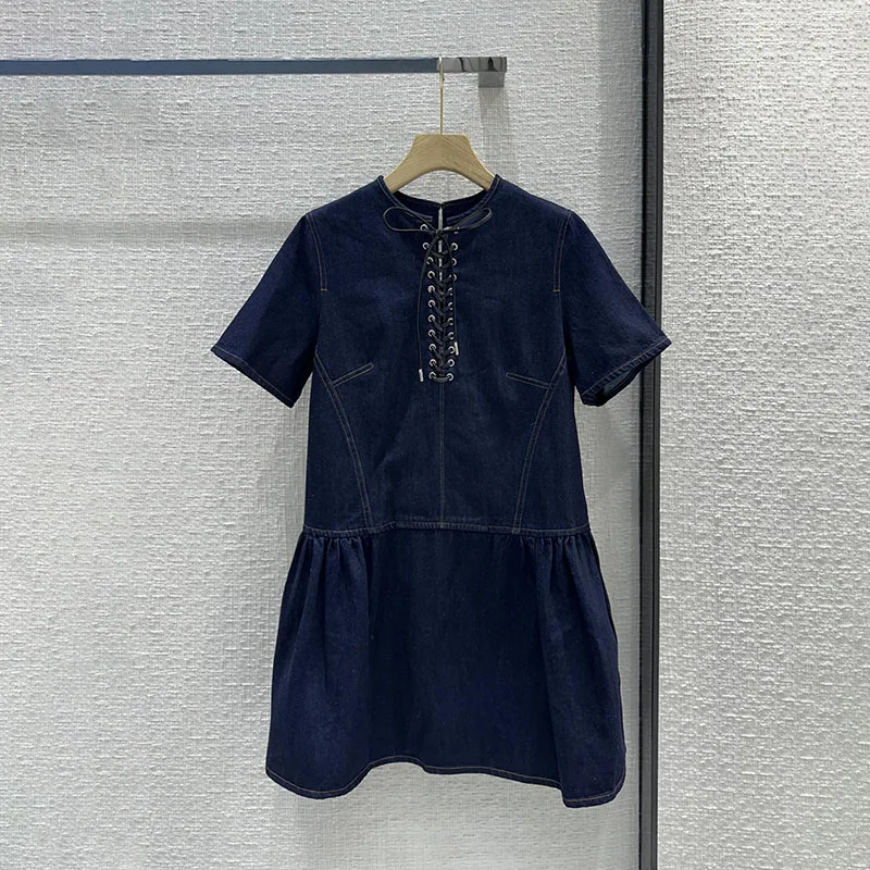 Skirt spring and summer simple tie round neck short sleeve denim mini short dresses2024temperament chic and elegant woman dress