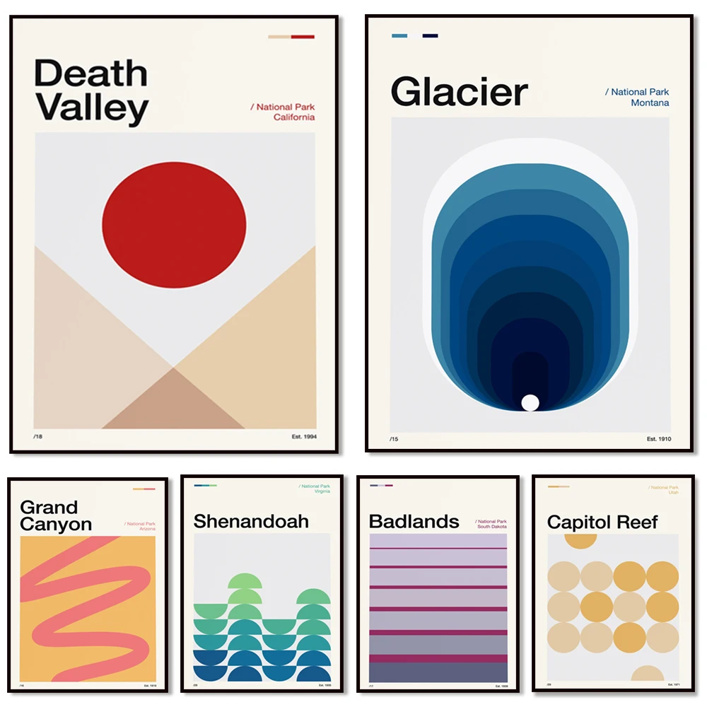 Montana Glacier, South Dakota Badlands, Grand Canyon, Death Valley, Shenandoah Valley Virginia, Utah National Park Travel Poster