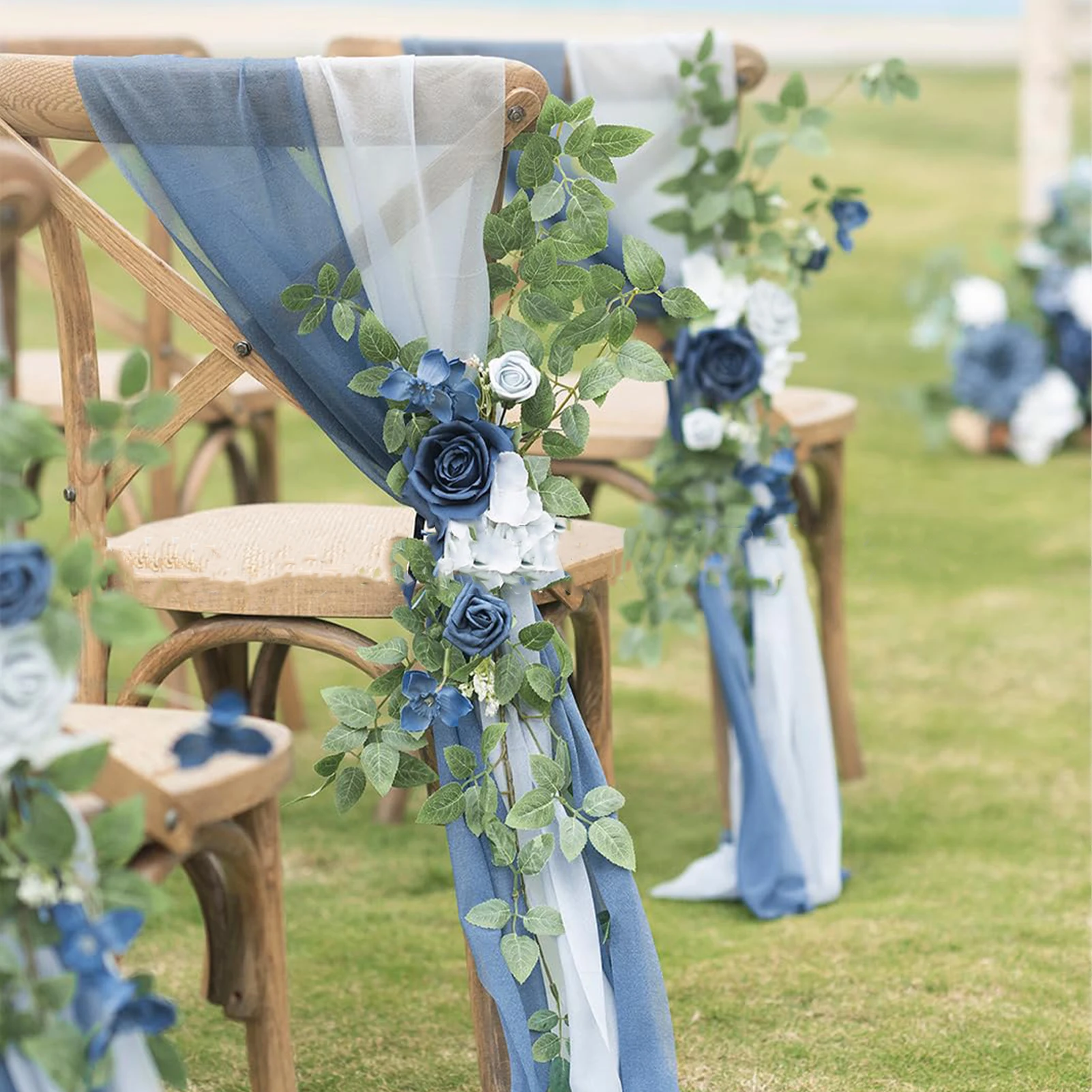 Wedding Chair Artificial Flower With Curtain 2pcs Festival Party Decorations For Ceremony Reception Outside