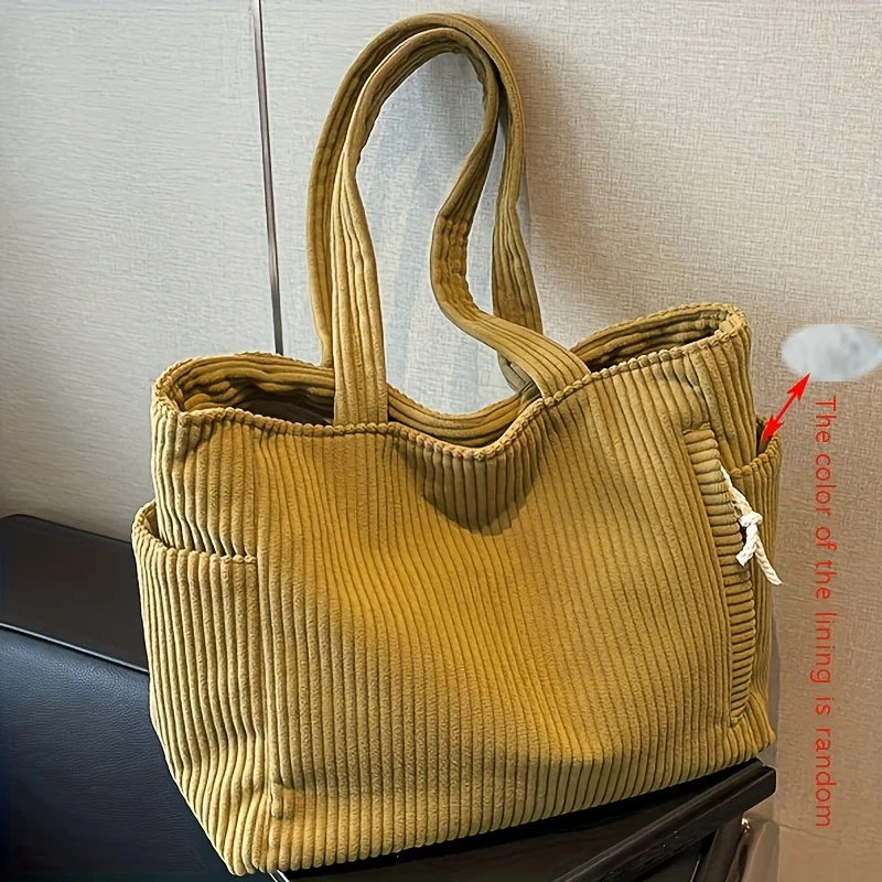 Casual Corduroy Zippered Handbag, Lightweight and Large Capacity, with Fixed Shoulder Strap, Solid Color for Daily Commuting, Shopping, and Outings - Baigou Style Random Handbag