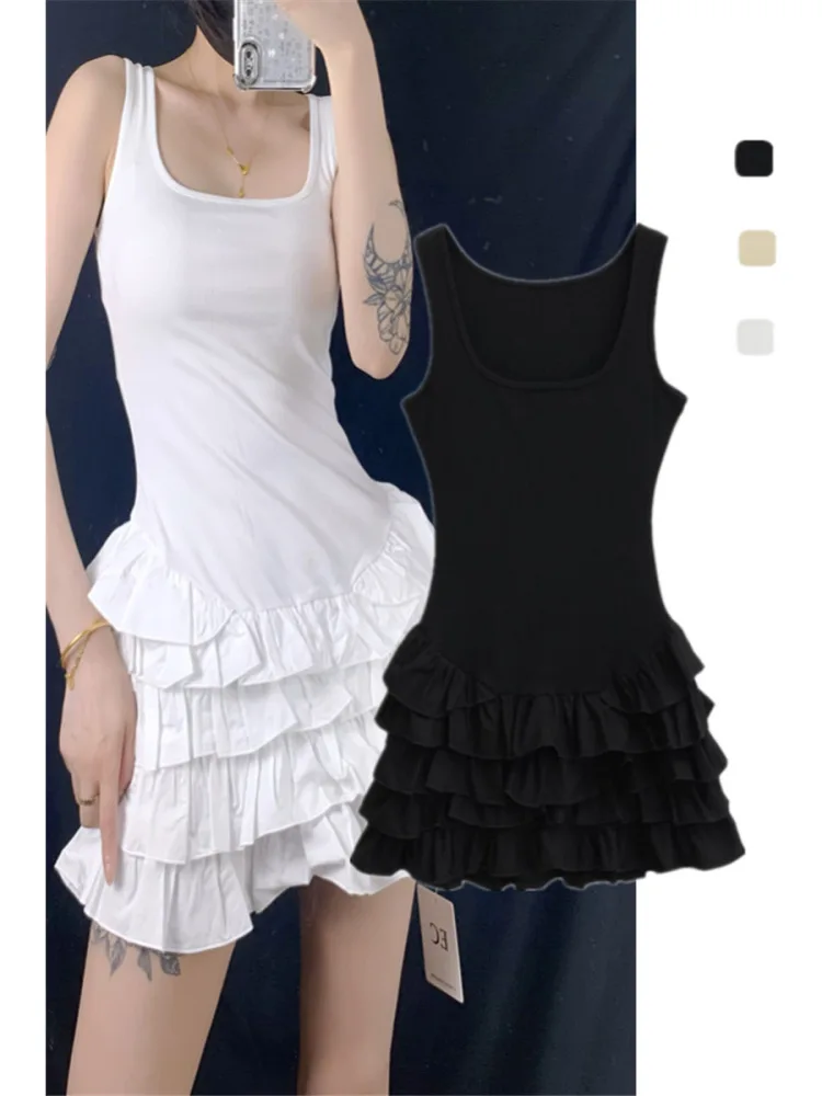 Vestido E com Saia em Camadas, Ajuste Slim, Sem Mangas, Design de Gola Quadrada, Saia Curta Sensual com Detalhes em Re...