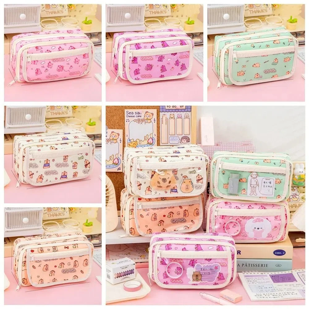 قماش كابيبارا القلم حقيبة سعة كبيرة متعددة الطبقات مقلمة كرتونية حقيبة التخزين شارة عرض حقيبة أدوات مكتبية