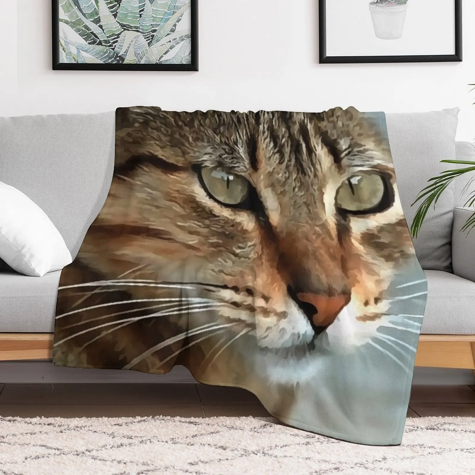 Stunning Tabby Cat Acrylic Pet Portrait Throw Blanket Anti Shedding Soft Fuzzy Blanket for Home