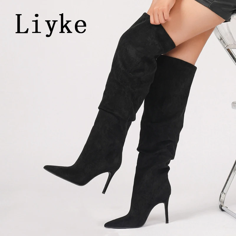 

Liyke Retro Brown Pointed Toe Pleated Suede Thigh High Over The Knee Boots Women Brand Designer Shoes Autumn Winter Thin Heels