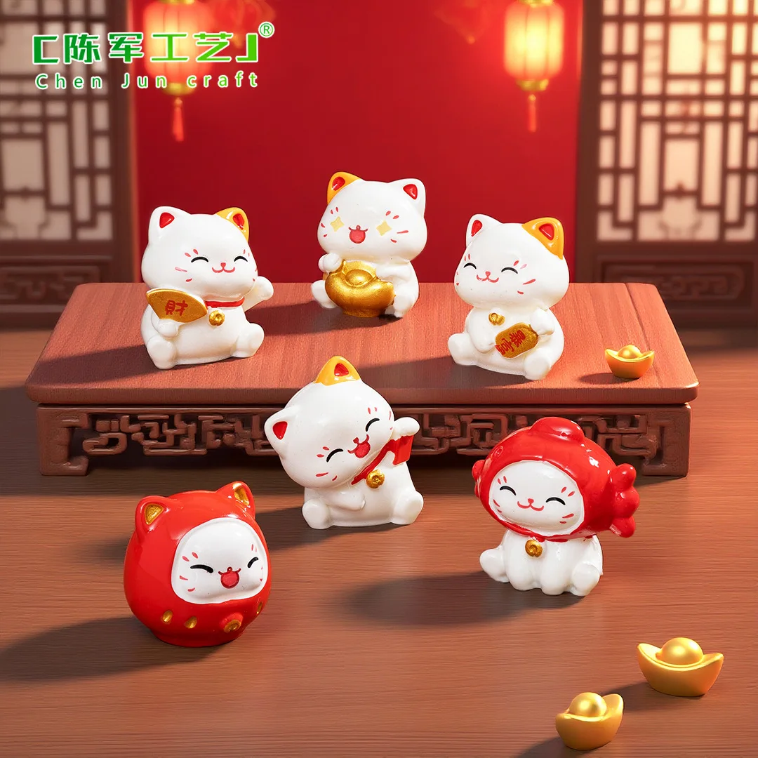 6pcs New Chinese Cartoon Maneki Neko Ornaments Animal Figurine Lucky Cat Model Good Luck Wealth Home Desktop Car Decoration