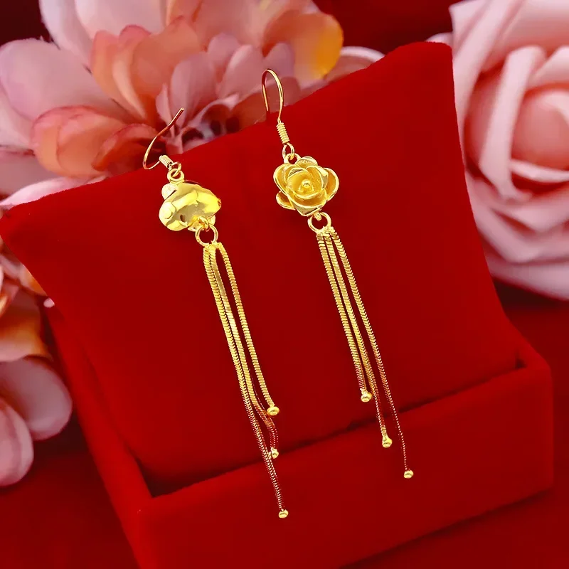 9999 Real Gold 24K Japanese and Korean Fashion Flower Earrings, Women's Gold Rose Flower Ear Hook Earrings