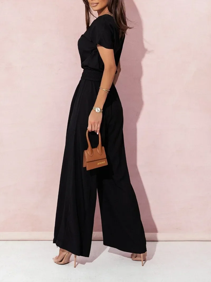 Spring Summer Women\'s Fashion V-neck Short Sleeve Jumpsuit Ladies  Casual Belt Solid Color Jumpsuit