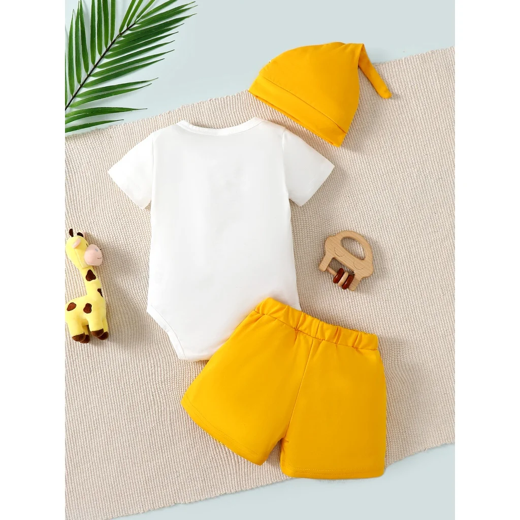 1-24 Months Newborn Baby Boy 3pcs Clothing Set White Cartoon Short Sleeve Top+Yellow Shorts+Hat Fashion Cute Summer Daily  Wear