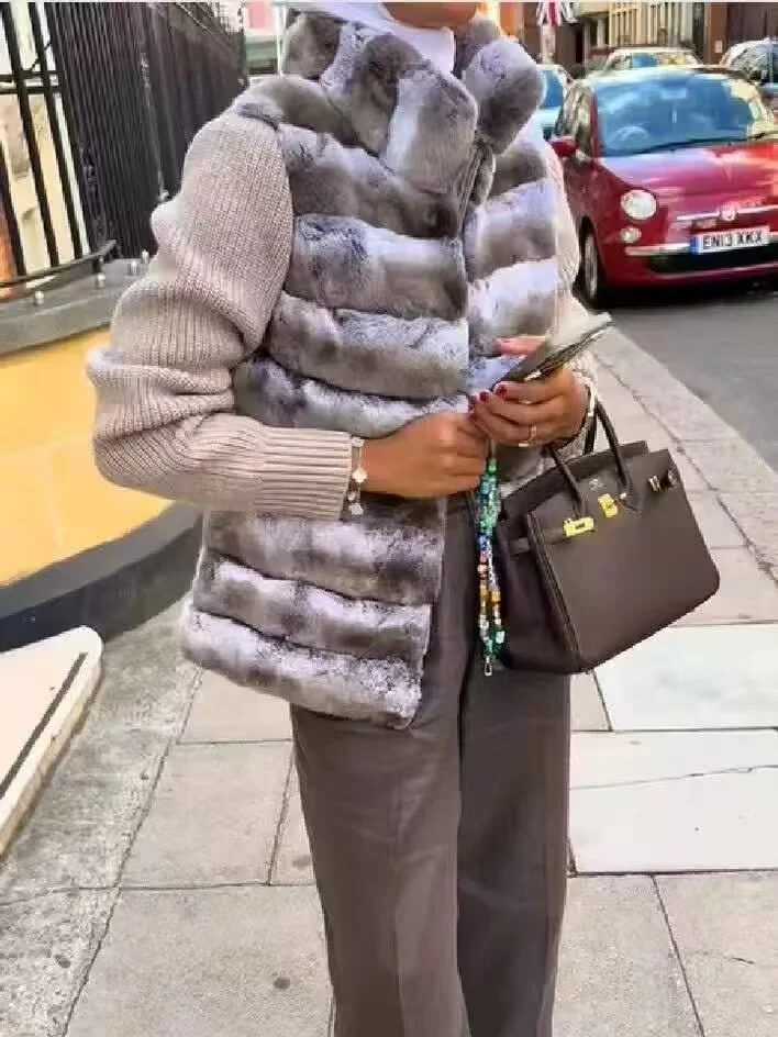 Lady Stand Collar Knit Sleeve Patchwork Striped Faux Fur Jacket Loose Zipper Up Mid-length Coat Winter Fashion Lady Chic Outwear