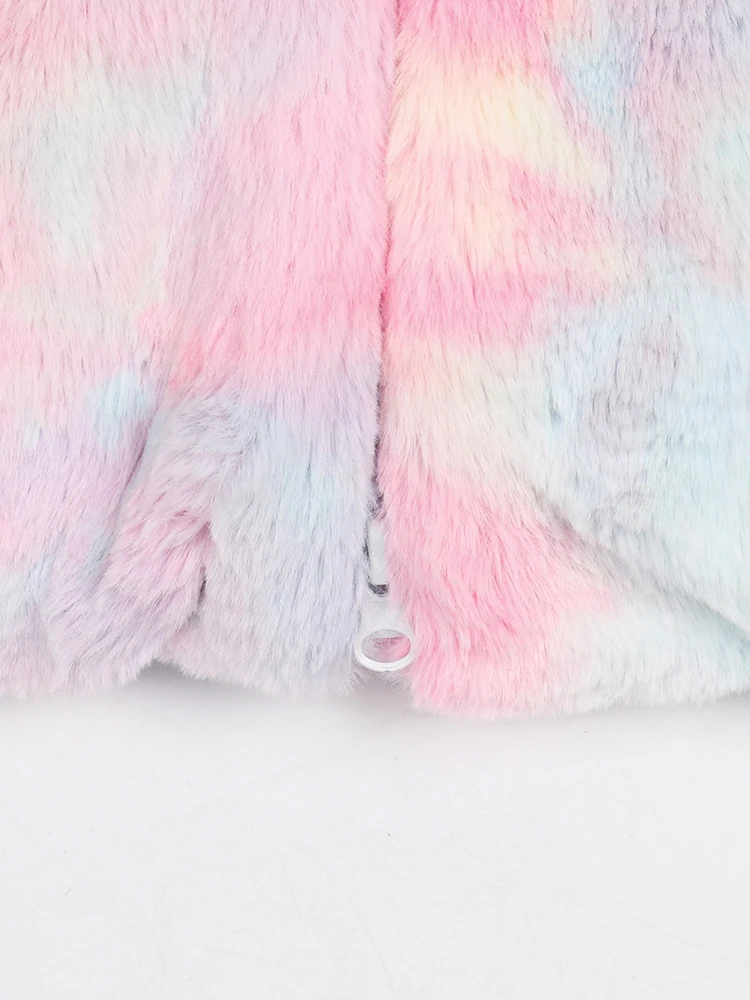 Nerazzurri Winter Colorful Casual Loose Thick Warm Faux Fur Coat Women Long Sleeve Stand Collar Zip Up Tie Dye Fluffy Jacket