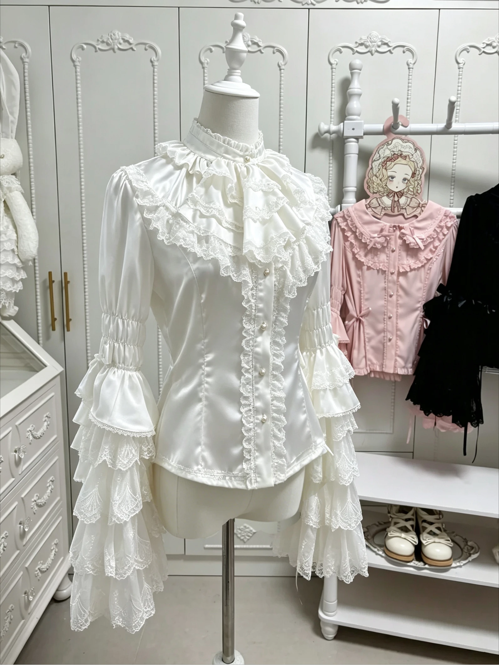 Elegant Gothic Lolita Blouse Women High Neck Ruffled Lace Tiered Flare Bell Long Sleeve Button Front Vintage Streetwear Shirt