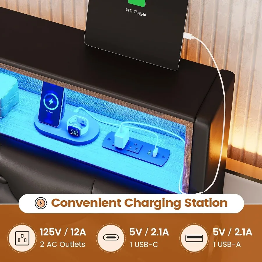 Queen Bed Frame with 4 Drawers and Hidden Storage Headboard Featuring LED Lighting Built-in Charging Station Upholstered Design - Image 4