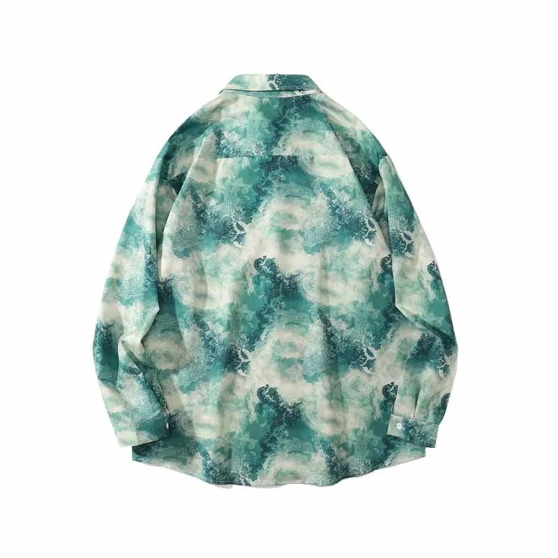 Sycpman Chinese Style Retro Tie Dyed Long Sleeved Shirts for Men Autumn Trend Loose Casual Shirt Couple Streetwear Clothing