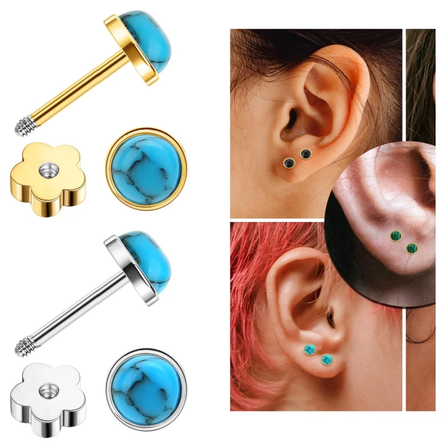 

Пара женских серег-гвоздиков из синтетического бирюзового камня, с плоской задней частью, 20G, с винтовой застежкой, для пирсинга хряща.