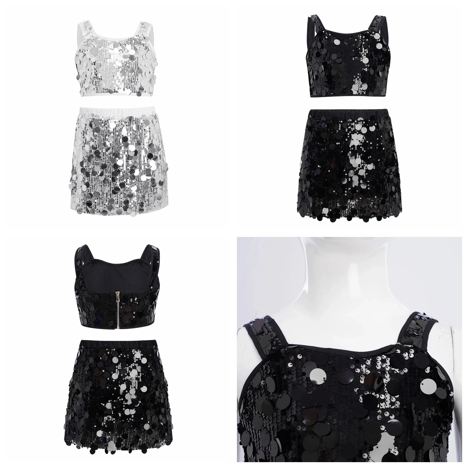 kids-shiny-streetwear-girls-shiny-70s-80s-disco-costume-sequin-festival-jazz-dance-outfit-sleeveless-crop-top-with-skirt-suits