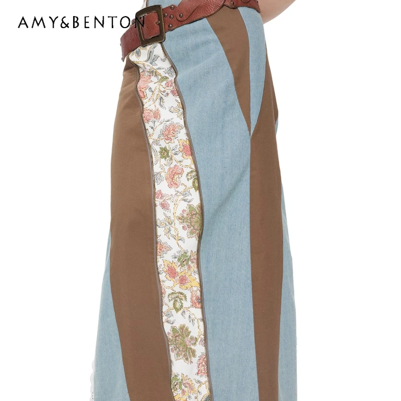 

American Retro Cute Lace Women's Skirt 2025 Autumn New Design Multi-color Splicing Versatile Straight A-line Long Skirts Ladies