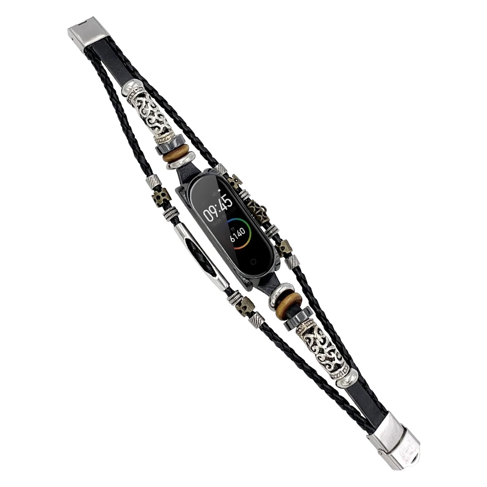 FIFATA Retro Beaded Style Metal+Leather Replacement Watch Strap For Xiaomi Mi Band 4/Mi Band 3 Smart Watch Wristband Accessories