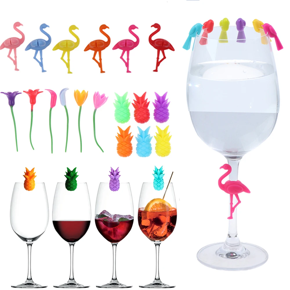 6 Pcs Party Goblets Label Cup Clips Recognizer Pineapple Flamingo Bowknot Flower Design Wine Glass Suction Cup Marker Identifier