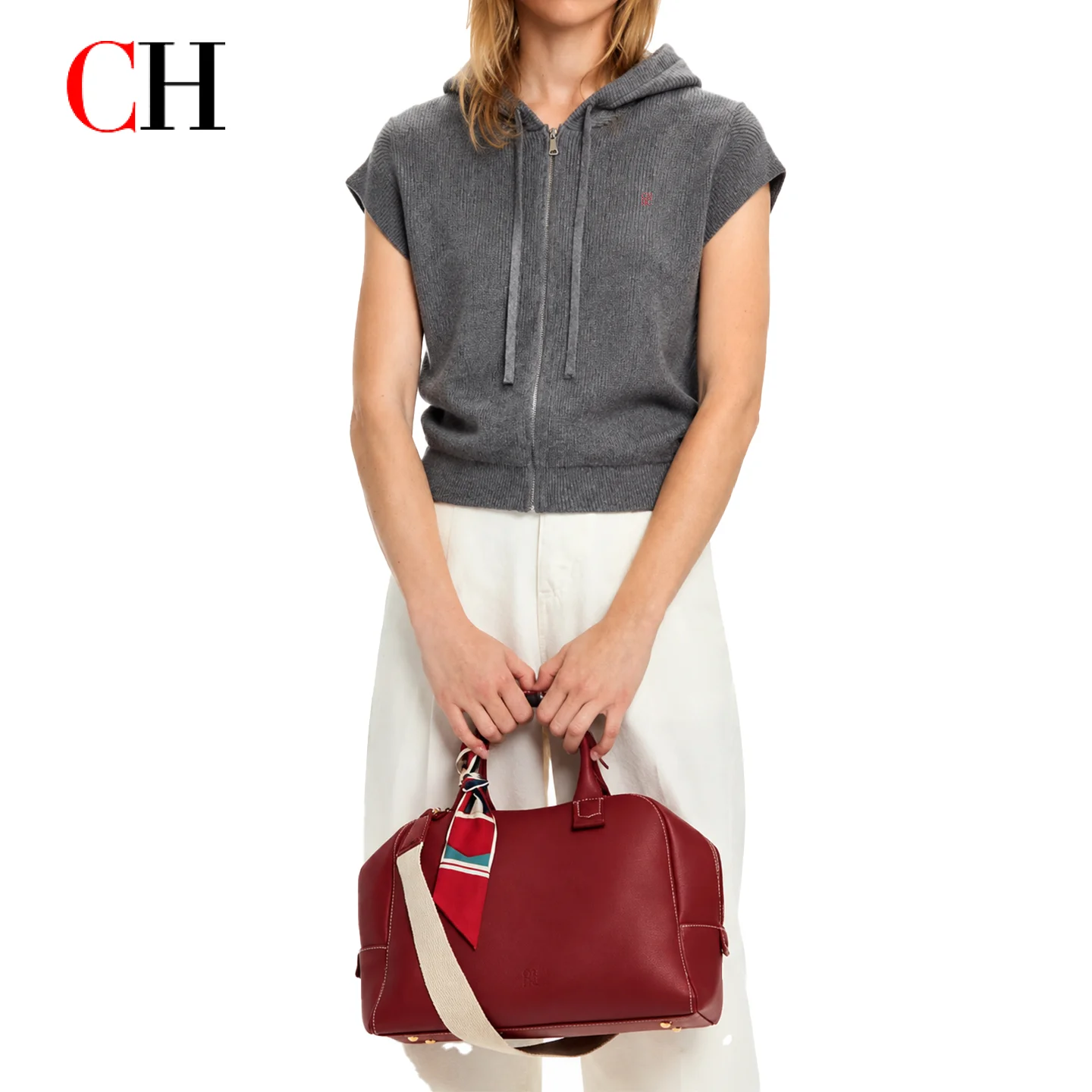 CH Logo Embroidered Premium Hooded Sleeveless Full Zip Knitted Vest Women Soft Breathable Casual Daily All Match Tops