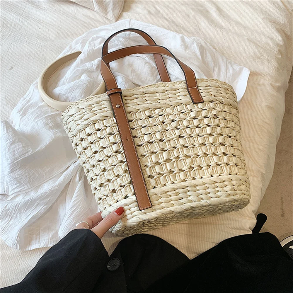 Straw Woven Tote Bags for Women Vintage Large Capacity Handbags Rattan New Fashion Summer Beach Basket Shoulder Shopping Bags