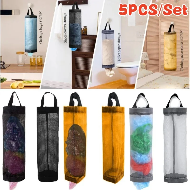 5Pcs Kitchen Plastic Bag Holder Garbage Bag Hanging Storage Dispenser Mesh Grocery Bags Organizer Household Trash Bag Collector