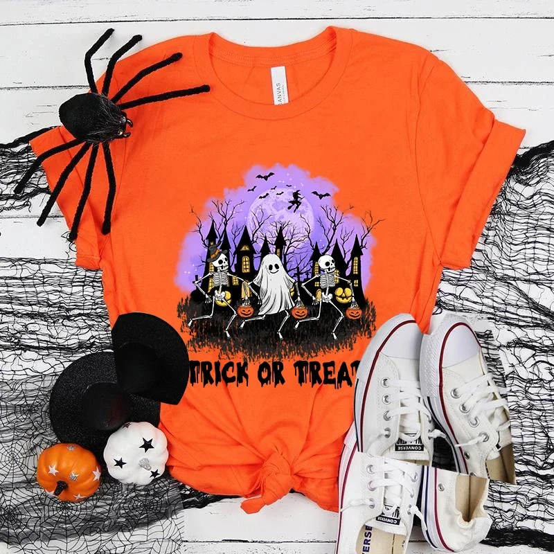 (Premium T-shirt)New Halloween Skeleton Boo Trick Or Treat Print T-Shirts Women Summer Cool Short Sleeve Female Casual T-Shirts