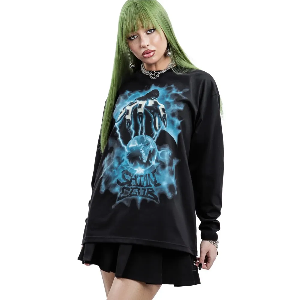 Harajuku Oversized Streetwear Men's Tshirt Satan Club Graphic Dark Lord Print Clothing Cotton Hip Hop Long Sleeve Tops Goth Y2k