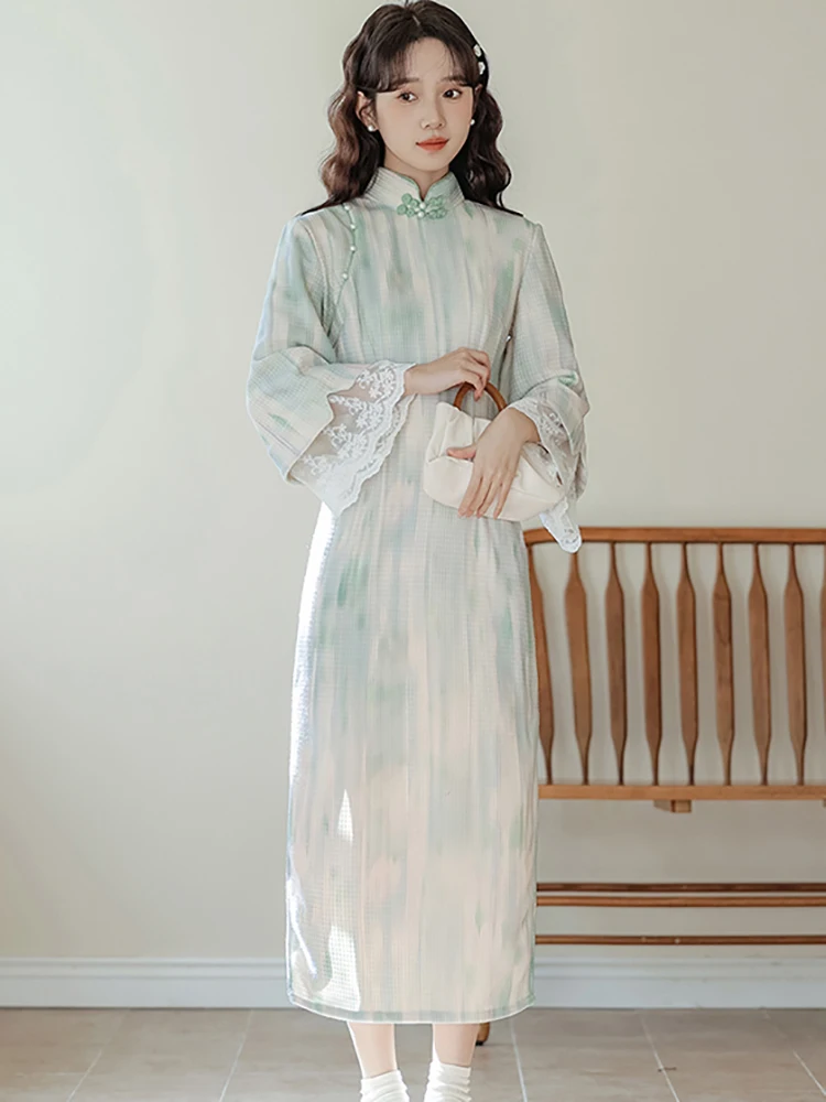 

Осенне-зимнее Элегантное повседневное длинное платье с градиентом женское шикарное кружевное платье для выпускного вечера с расклешенным рукавом 2024 корейские элегантные и красивые платья