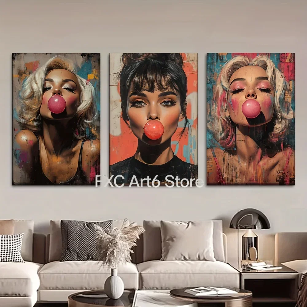 3pcs frameless -, Canvas painting--, The beauty blowing pink bubbles, Posters and prints, living room, library